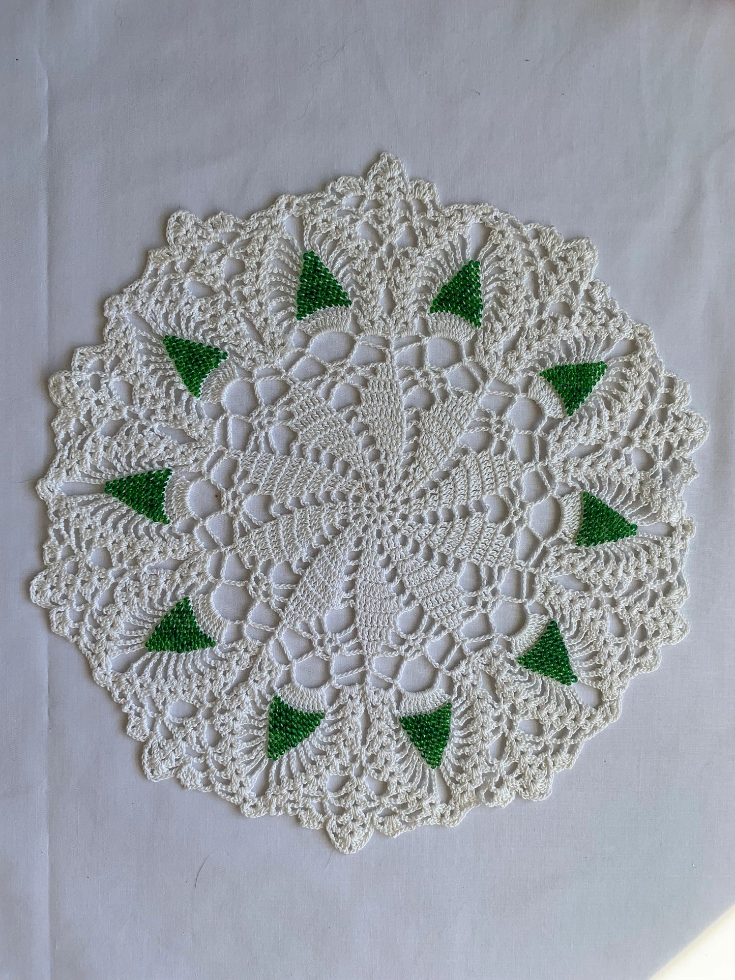 Vintage Hand Made Crocheted Doily, China Cabinet, Round, White, Green Beads, Delicate, 9 1/2 Inch Diameter, Elegant, Scrapbooking, Scallop