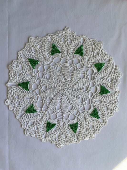 Vintage Hand Made Crocheted Doily, China Cabinet, Round, White, Green Beads, Delicate, 9 1/2 Inch Diameter, Elegant, Scrapbooking, Scallop