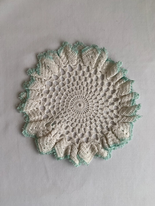 Vintage Hand Made Crocheted Doily, China Cabinet, Round, White, Blue, Delicate, 6 Inch Diameter, Elegant, Scrapbooking, Scallop, Home Decor