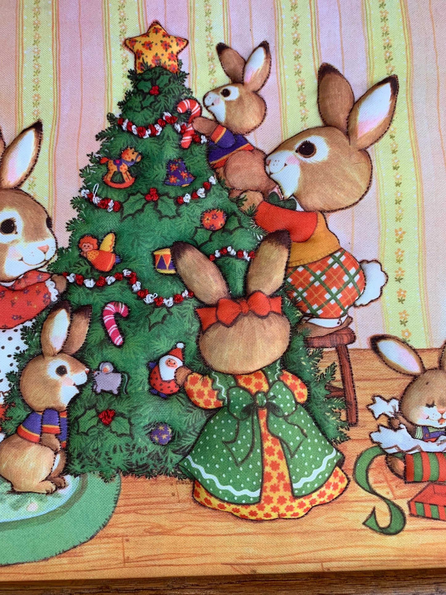Vintage Creative Circle 1986 Christmas Scene, 17 1/4" x 13 1/4", Wooden Frame, Handmade,Tree, Bunnies