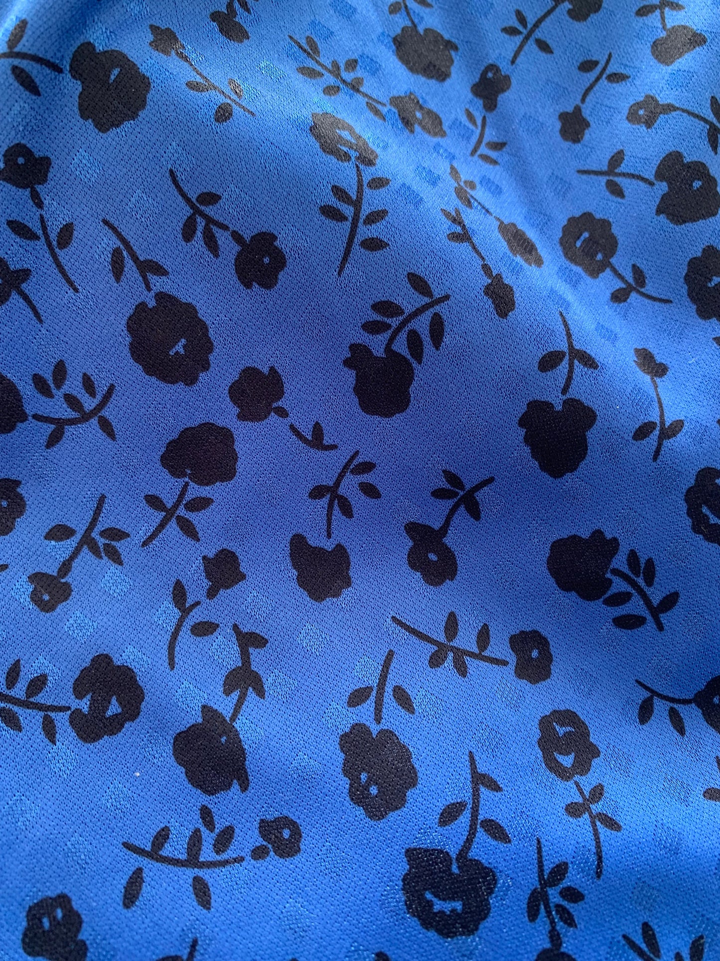 Blue Nylon Fabric With Black Flowers, 56" Wide x 88" Long, New/Old Stock