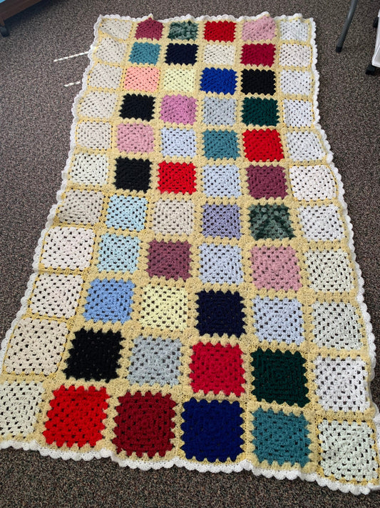 Hand Crocheted Granny Square Afghan New Never Used, Home Decor, Comfort, Couch Throw, Rainbow Colors, Blanket, Bed Cover, Cabin Decor