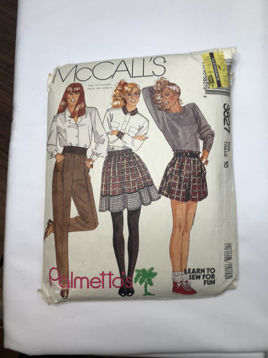 McCall's Sewing Pattern 3827 Misses' Skirt, Pants, Shorts, Pull-On, Elastic Waist, Zipper Fly, Pockets, Size 16, Cut, Vintage 1988