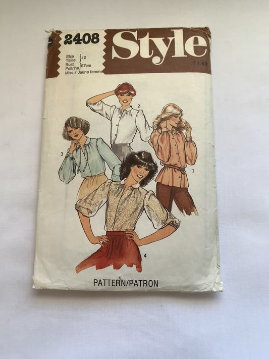 Style Sewing Pattern 2408 Misses' Tops, Blouses, Button Front, 4 Variations, Long/Short Sleeves, Collar, Size 12, Cut, Vintage 1978