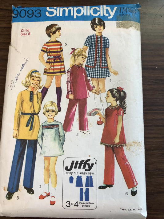 Simplicity Jiffy Sewing Pattern 9093 Girls' Mini-Dress, Pants, Zipper Back, Long/Short Sleeves, Size 6, Cut, Vintage 1970