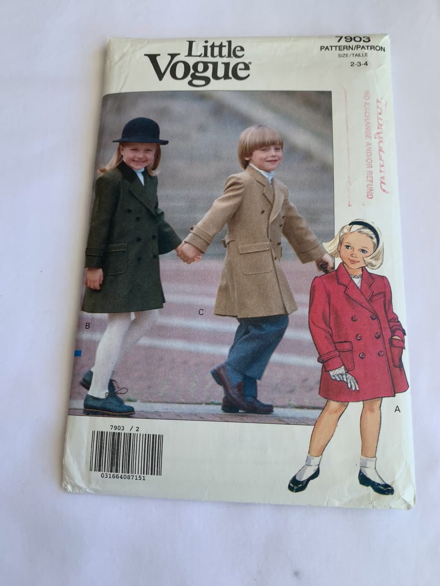 Vogue Sewing Pattern 7903 Children's Coat, Loose-Fitting, Shoulder Pads, Collar, Size 2-4, Uncut, Vintage 1990