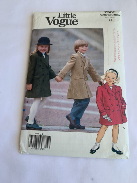 Vogue Sewing Pattern 7903 Children's Coat, Loose-Fitting, Shoulder Pads, Collar, Size 2-4, Uncut, Vintage 1990