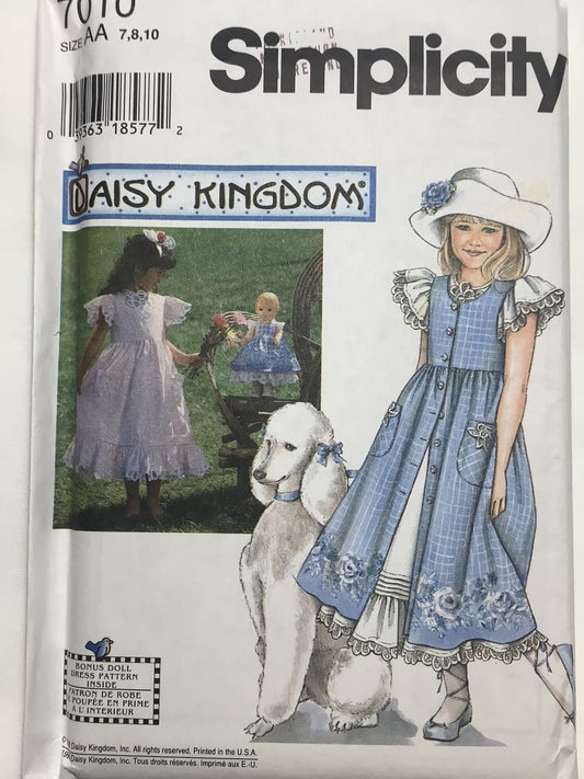 Simplicity Sewing Pattern Daisy Kingdom 7010 Girls' Dress, Short Sleeves, Zipper Back, Tie Ends, Collar, Size 7-10, Doll Dress, Uncut, Vintage 1996