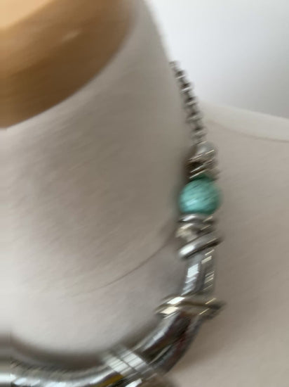 Vintage 1990's Boho Chunky Necklace, Lobster Clasp, Silver Tone, Turquoise Beads, Egyptian Style Costume Jewelry