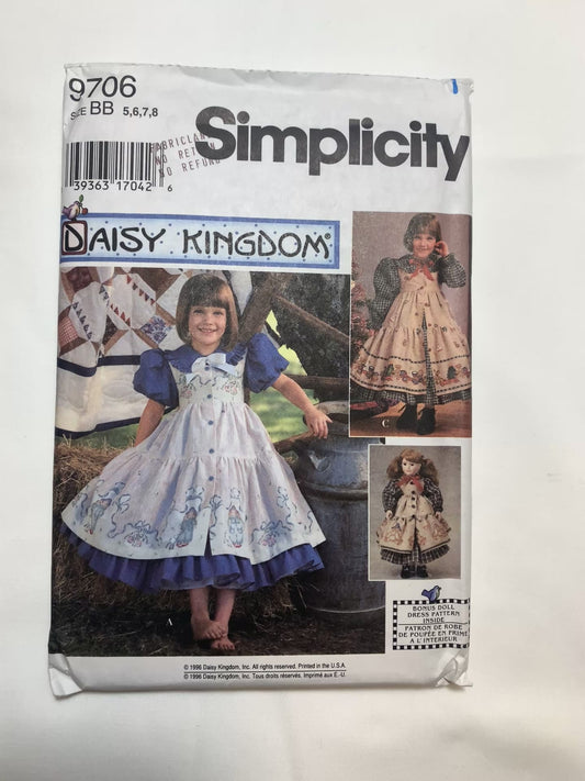 Simplicity Sewing Pattern Daisy Kingdom 9706 Girls' Dress, Short Sleeves, Zipper Back, Tie Ends, Collar, Size 5-8, Doll Dress, Uncut, Vintage 1996