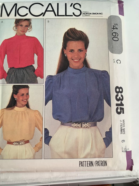 McCall's Sewing Pattern 8315 Misses' Blouse, Long Sleeves, Pullover, Button Back, Size 6, Cut, Vintage 1982