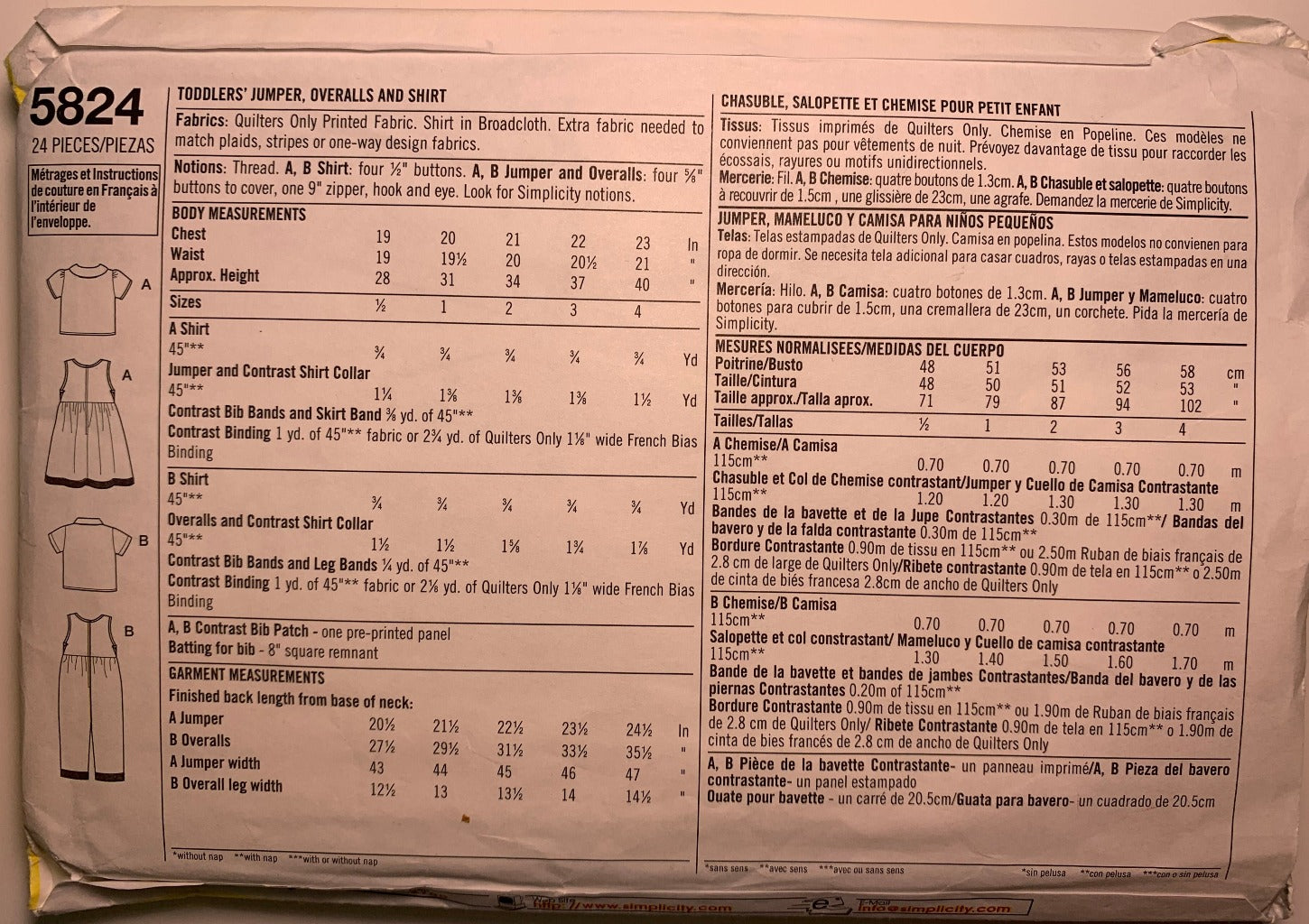 Simplicity 5824 Toddlers' Jumper, Overalls and Shirt, Size 1/2-4, Uncut, 2002