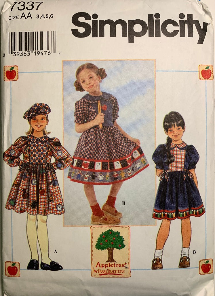 Simplicity 7337, Child's Dress, Hat, Full Skirt, Tie Back, Zipper, Size 3-6, Uncut, Vintage 1996