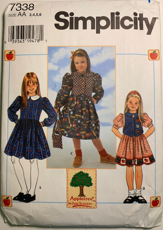 Simplicity 7338, Child's Dress and Purse, Peter Pan Collar, Long/Short Sleeves, Size 3-6, Uncut