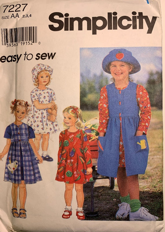 Simplicity 7227, Child's Dress, Pinafore, Hat, Gathered Skirt, Size 2-4, Uncut, Vintage 1996