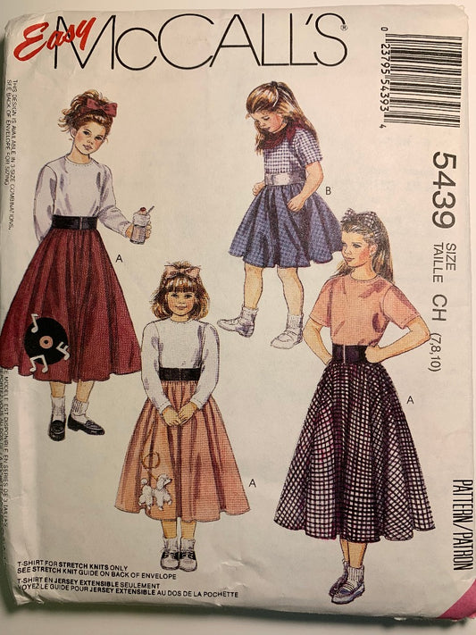 McCall's 5439, Children's, Girls' T-Shirt, Skirts, Scarf, Headband, Size 7-10, Uncut, Vintage 1991