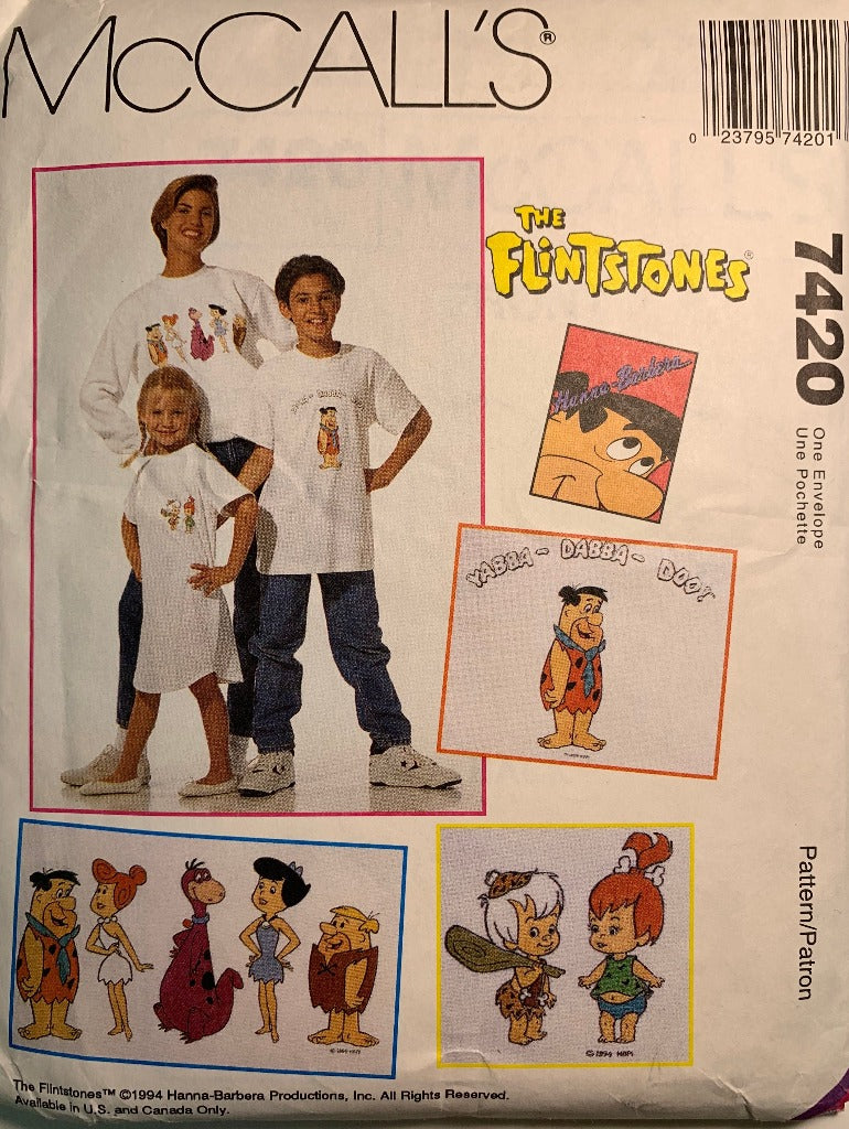 McCall's 7420 Kids' Misses', Men's T-Shirt, Sweatshirt, Flinstone Iron-On Transfers, Both Sizes, Vintage 1994