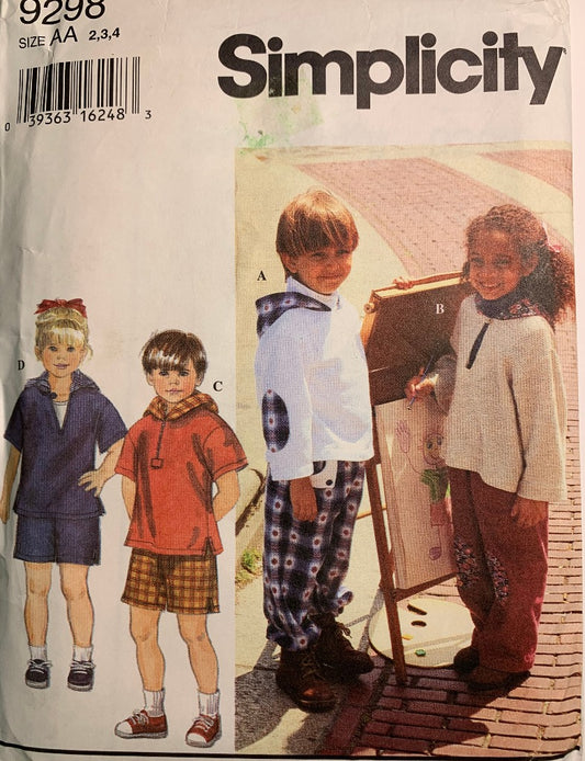 Simplicity 9298 Child's Hoodie, Jacket, Pants, Shorts, Top, Pullover, Size 2-4, Uncut, Vintage 1994