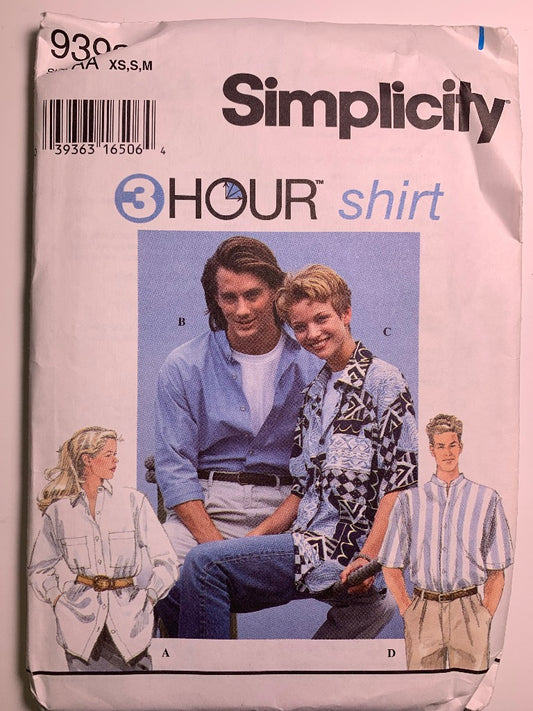 Simplicity 9390 Misses', Men's, Teens' Shirt, Size XS-M, Uncut, Vintage 1996