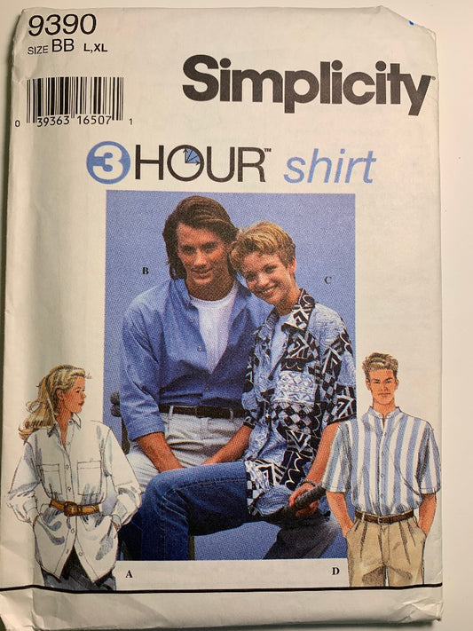 Simplicity 9390 Misses', Men's, Teens' Shirt, Size XS-M, Uncut, Vintage 1996