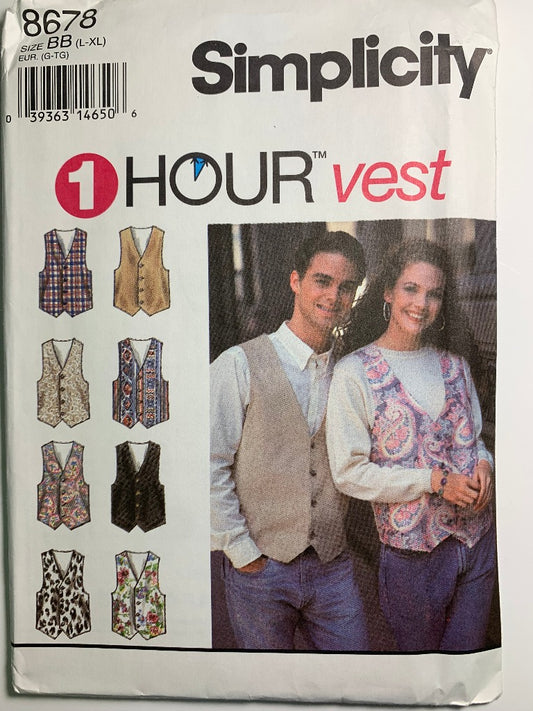 Simplicity 8678 Misses', Men's Lined Vest, Size 42-48, Uncut