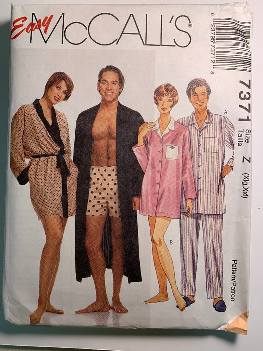 McCall's 7371 Misses', Men's Wrap Robe, Belt, Pajama Top, Pants, Shorts, Size 42-48, Uncut, Vintage 1994
