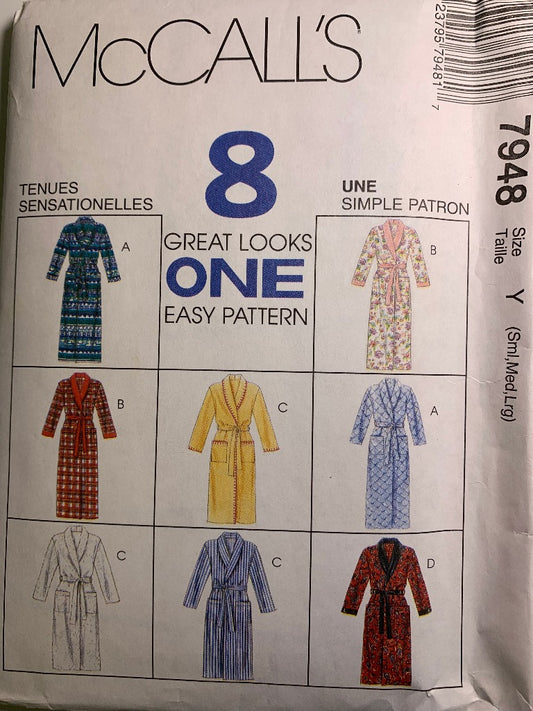 McCall's 7948 Misses', Men's Robe, Belt, Size 31-40, Uncut, Vintage 1995