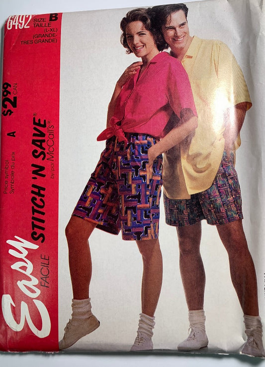 McCall's 6492 Misses', Men's, Teens' Shirt, Shorts, Size 40-46, Uncut, Vintage 1993