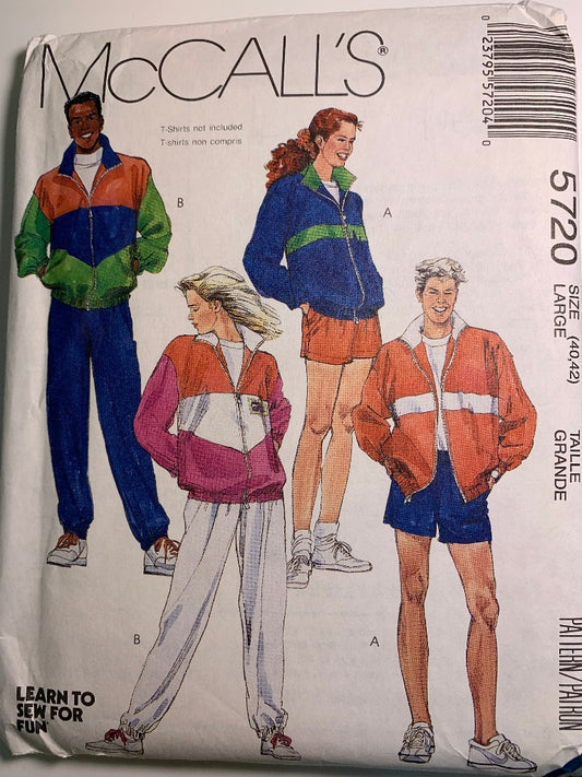 McCall's 5720 Misses', Men's, Teen's, Lined or Unlined Jacket, Pants or Shorts, Size 40-42, Uncut, Vintage 1991
