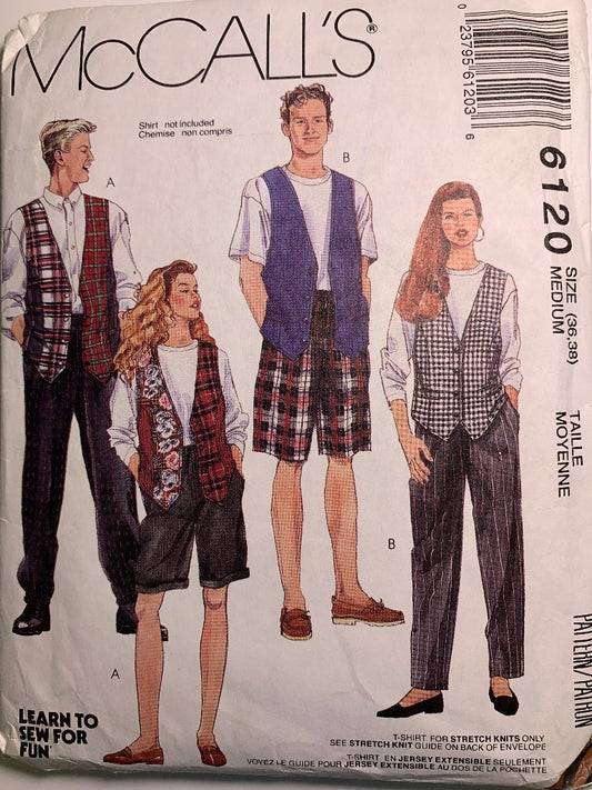 McCall's 6120 Misses', Men's, Teens' T-Shirt, Vest, Pants, Shorts, Size 36-38, Uncut, Vintage 1992