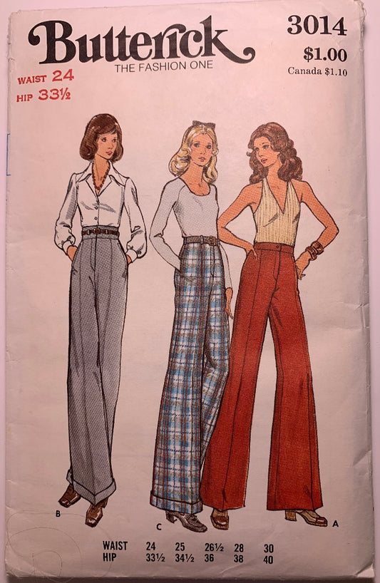 Butterick Sewing Pattern 3014 Misses' Pants, Wide Leg, Fly Closing, Pockets, Belt Loops, Cuffs, Size 24 Waist, Uncut, Vintage 1973
