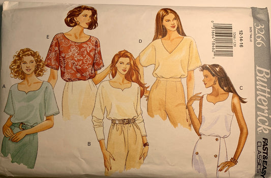 Butterick Sewing Pattern 3266 Misses' Top,Loose-Fitting, Pullover, Long/Short Sleeves, Sleeveless, Size 12-16, Uncut, Vintage 1994