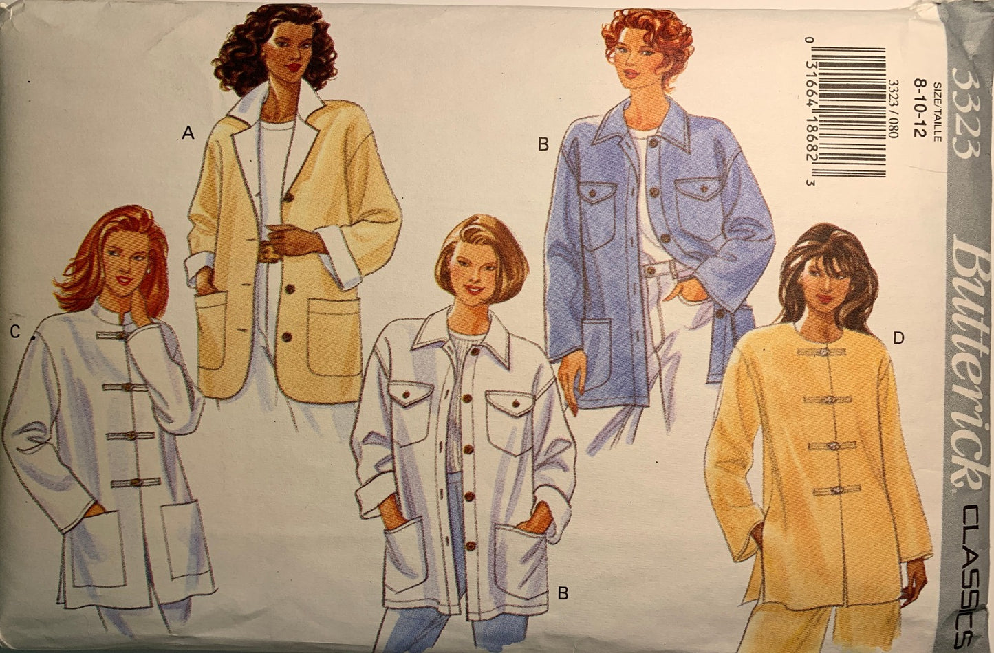 Butterick Sewing Pattern 3323 Misses' Jacket, Loose-Fitting, Shoulder Pads, Pockets, Collar, Size 8-12, Uncut, Vintage 1994