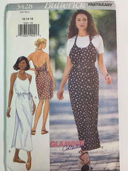 Butterick Sewing Pattern 3428 Misses' Women, Dress, Close-Fitting, Two Lengths, Tie Ends, Size 12-16, Uncut, Vintage 1994