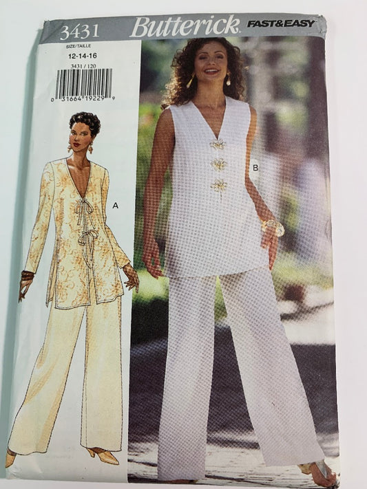 Butterick Sewing Pattern 3431 Misses'/Misses' Petite Top, Pants, Shoulder Pads, Long Sleeves, Sleeveless, Elastic Waist, Size 2-16, Uncut, Vintage 1994