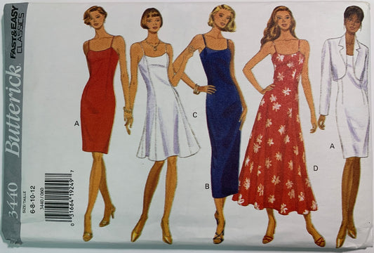 Butterick Sewing Pattern 3440 Misses' Jacket, Dress, Two Lengths, Shoulder Straps, Zipper Back, Princess Seams, Size 6-12, Uncut, Vintage 1994