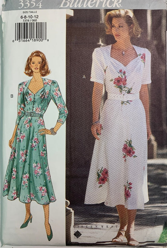 Butterick Sewing Pattern 3354 Misses'/Misses' Petite Dress, Belt, Long/Short Sleeves, 2 Variations, Button Front, Size 6-12, Uncut, Vintage 1994
