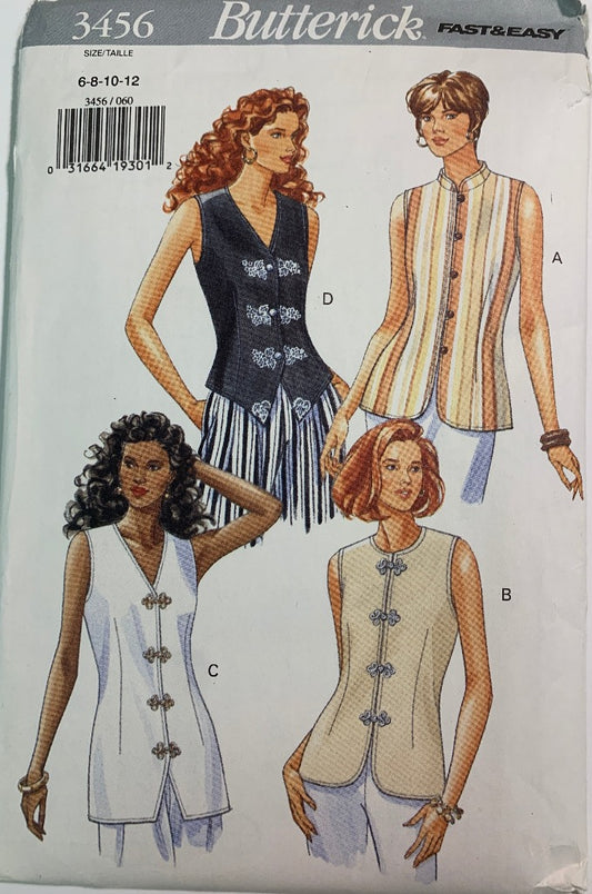 Butterick Sewing Pattern 3456 Misses' Tops, Sleeveless, Button Front, Darts, Loose-Fitting, Collar, Size 6-12, Uncut, Vintage 1994