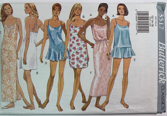 Butterick Sewing Pattern 3517 MIsses' Slip Dress, Nightgown, Camisole, Teddy, Panties, Half Slip, Size 12-16, Uncut, Vintage 1994