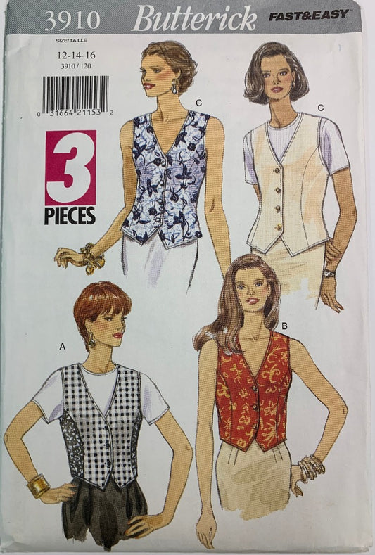 Butterick Sewing Pattern 3910, Misses' Tops, Vests, Close-Fitting, Princess Seam, Sleeveless, Lined, Size 12-16, Uncut, Vintage 1995