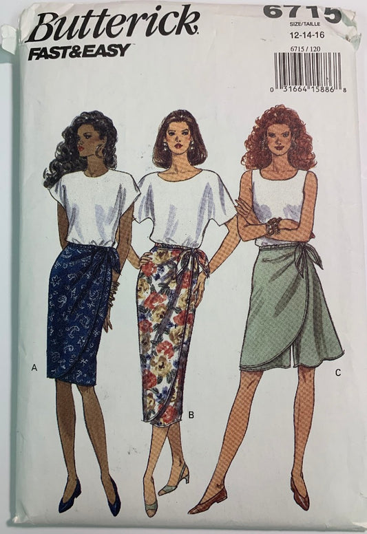 Butterick Sewing Pattern 6715 Misses' Skirt, Tapered, Two Lengths, Elastic Waist, Tie Ends, Size 12-16, Cut, Vintage 1993