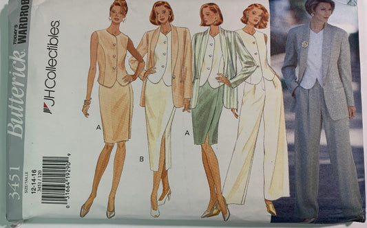 Butterick Sewing Pattern 3451 Misses' Jacket, Vest, Skirt, Pants, Button Front, Loose-Fitting, Shawl Collar, Zipper Back, Size 12-16, Uncut, Vintage 1994
