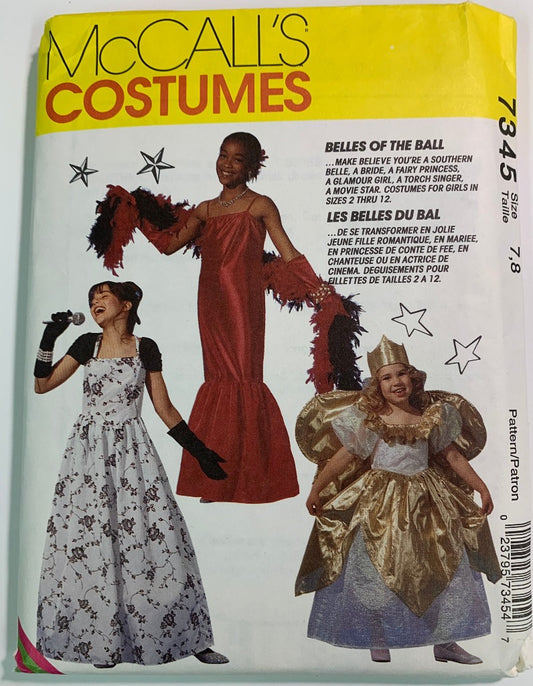 McCall's 7345 Girl's Costumes Bride, Fairy Princess, Singer, Movie Star, Belle, Size 7-8, Uncut, Vintage 1994