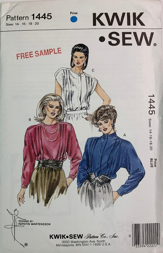 KWIK 1445 Misses' Blouse, Top, Shirt, Size 16-20, Uncut, Vintage 1985