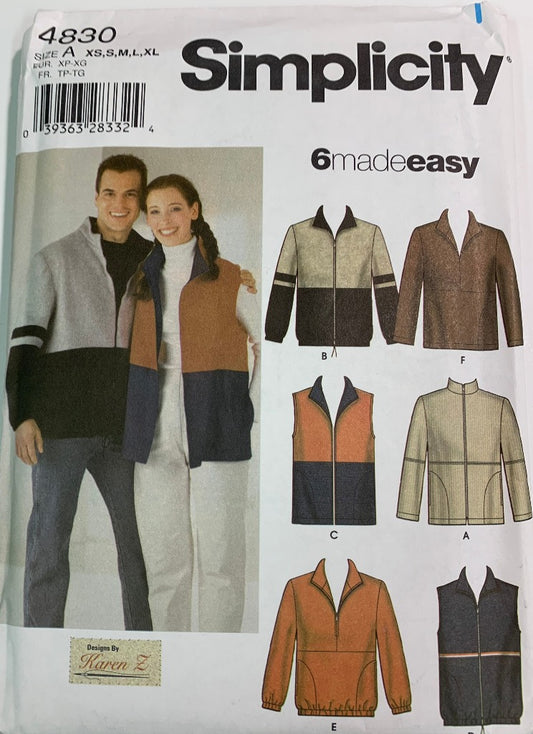 Simplicity 4830 Misses', Men's, Teens Jacket, Vest, Top, Uncut, 2002