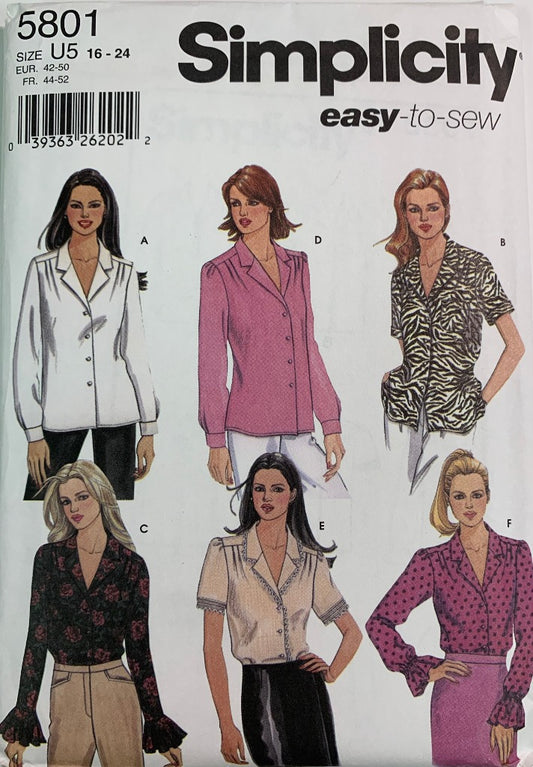 Simplicity 5801 Misses' Blouse, Shirt, Top, Uncut, 2002