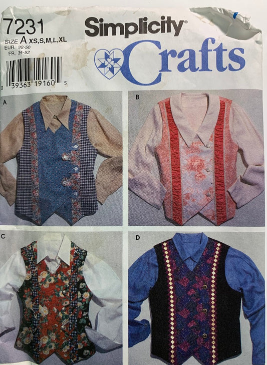 Simplicity 7231 Misses' Vests, Size XS-XL, Uncut, Vintage 1996