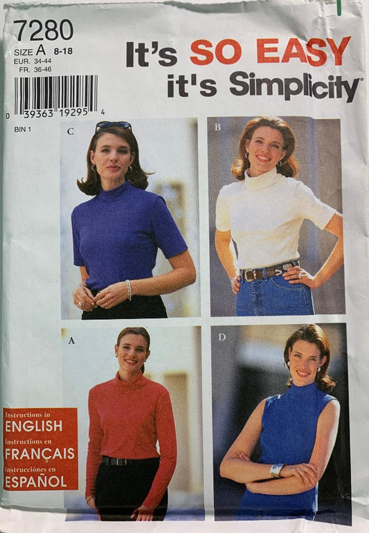Simplicity 7280 Misses' Knit Tops, Size 8-18, Uncut, Vintage 1996
