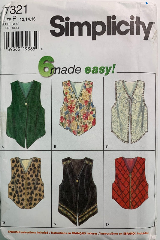 Simplicity 7321 Misses' Lined Vest, Size 12-16, Uncut, Vintage 1996