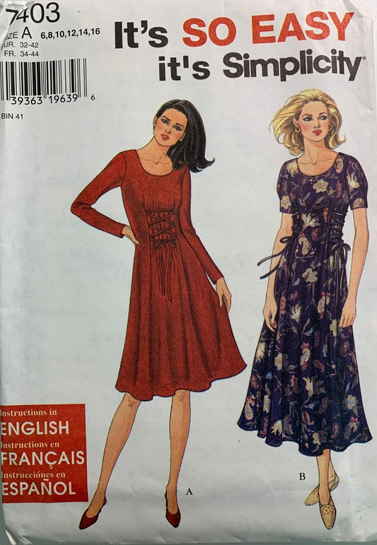 Simplicity 7403 Misses' Dress, Size 6-16, Uncut, Vintage 1996